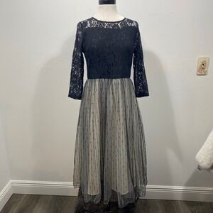 Coeur de Vague Black Lace Tulle Overlay Midi Dress Women's Size 8
